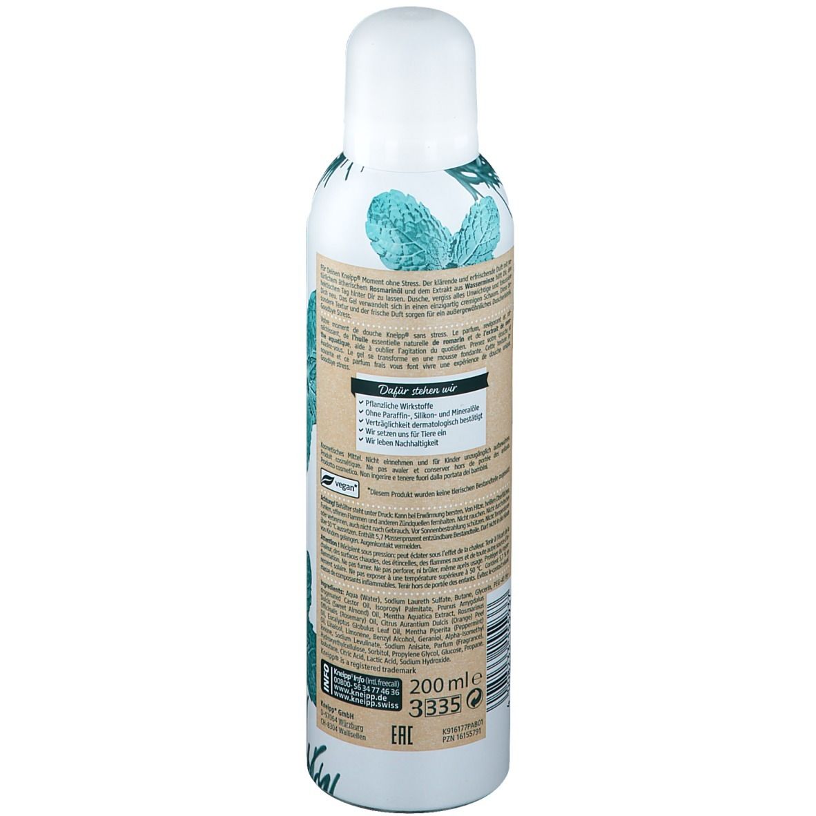 Kneipp Schaum-Dusche Goodbye Stress. Dos de la bouteille blanche avec texte. Informations sur le produit et logo visibles.