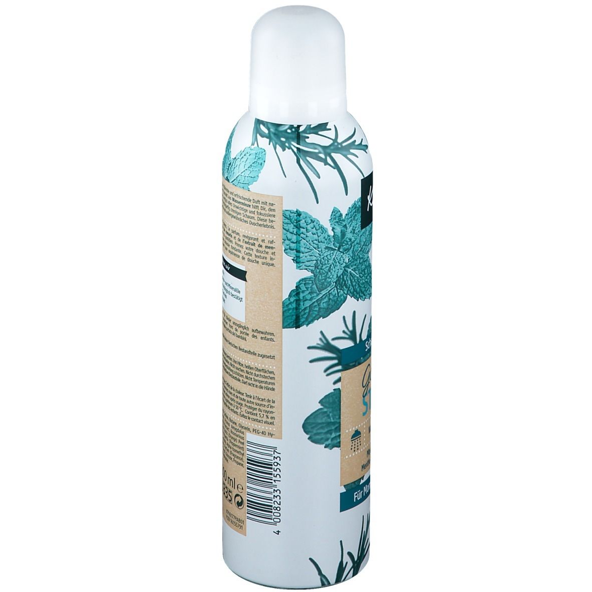 Kneipp Schaum-Dusche Goodbye Stress. Vue latérale de la bouteille blanche avec texte. Informations sur le produit et logo visibles.