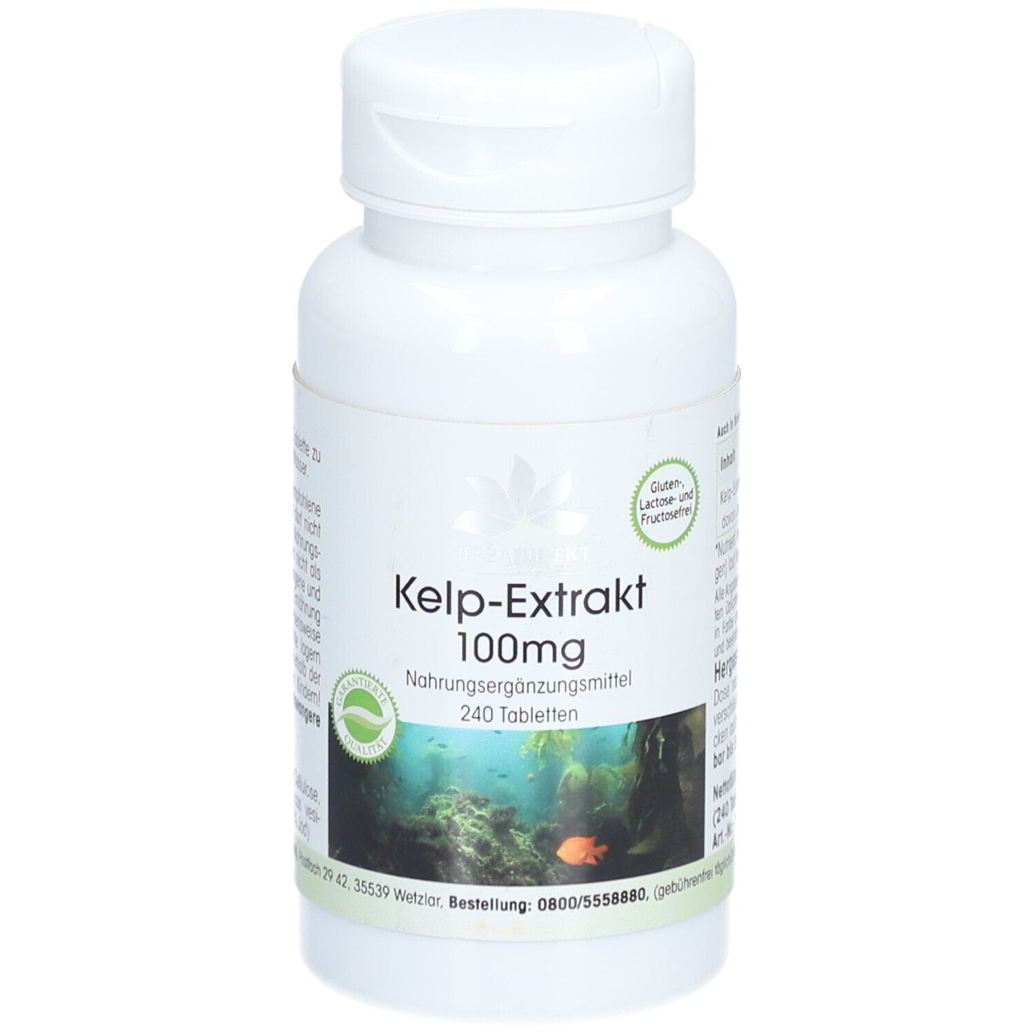 Witte fles KELP-EXTRAKT 100mg Tabletten. 240 tabletten. Groen-witte etiketten. Glutenvrij, lactosevrij en fructosevrij.