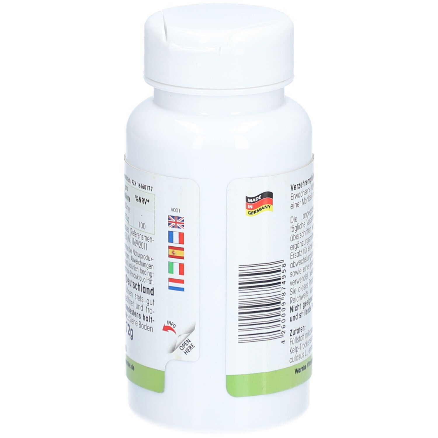 Witte fles met tekst en vlaggen. 'Made in Germany' logo. Openingsinstructies op groen etiket.