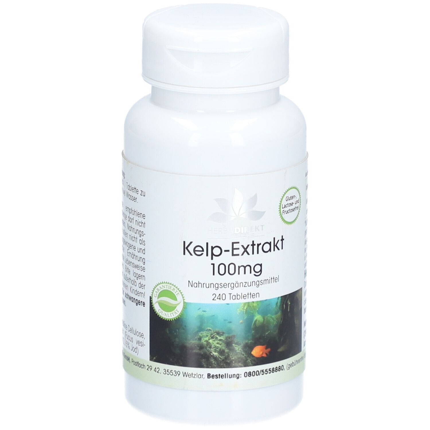 Witte fles KELP-EXTRAKT 100mg Tabletten. 240 tabletten. Groen etiket met onderwatermotief en logo.