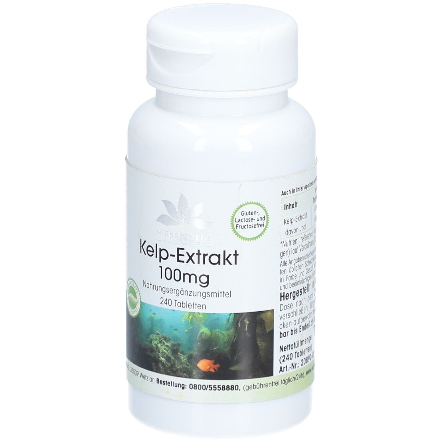 Witte fles KELP-EXTRAKT 100mg Tabletten. 240 tabletten. Groen etiket met tekst en logo. Glutenvrij, lactosevrij en fructosevrij.