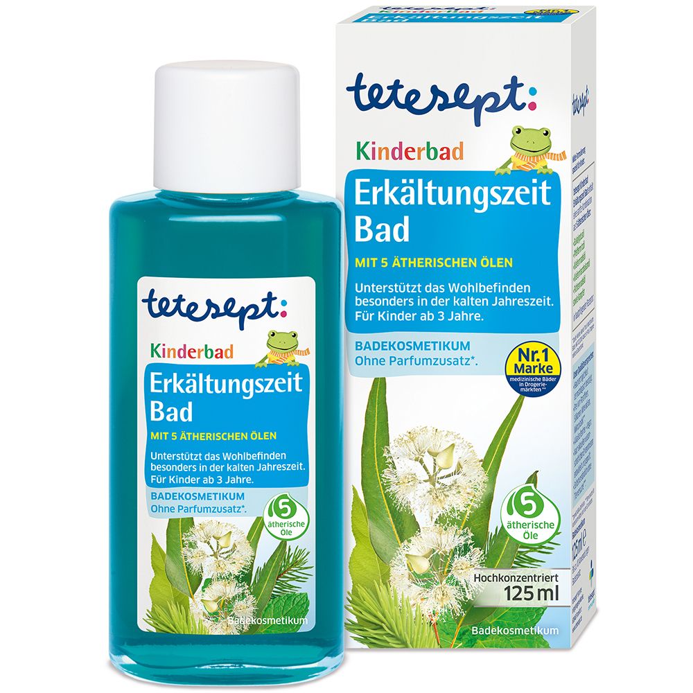 Fles en verpakking tetesept Kinderbad Erkältungszeit Bad. Blauwe vloeistof, witte dop. Bevat 5 etherische oliën.
