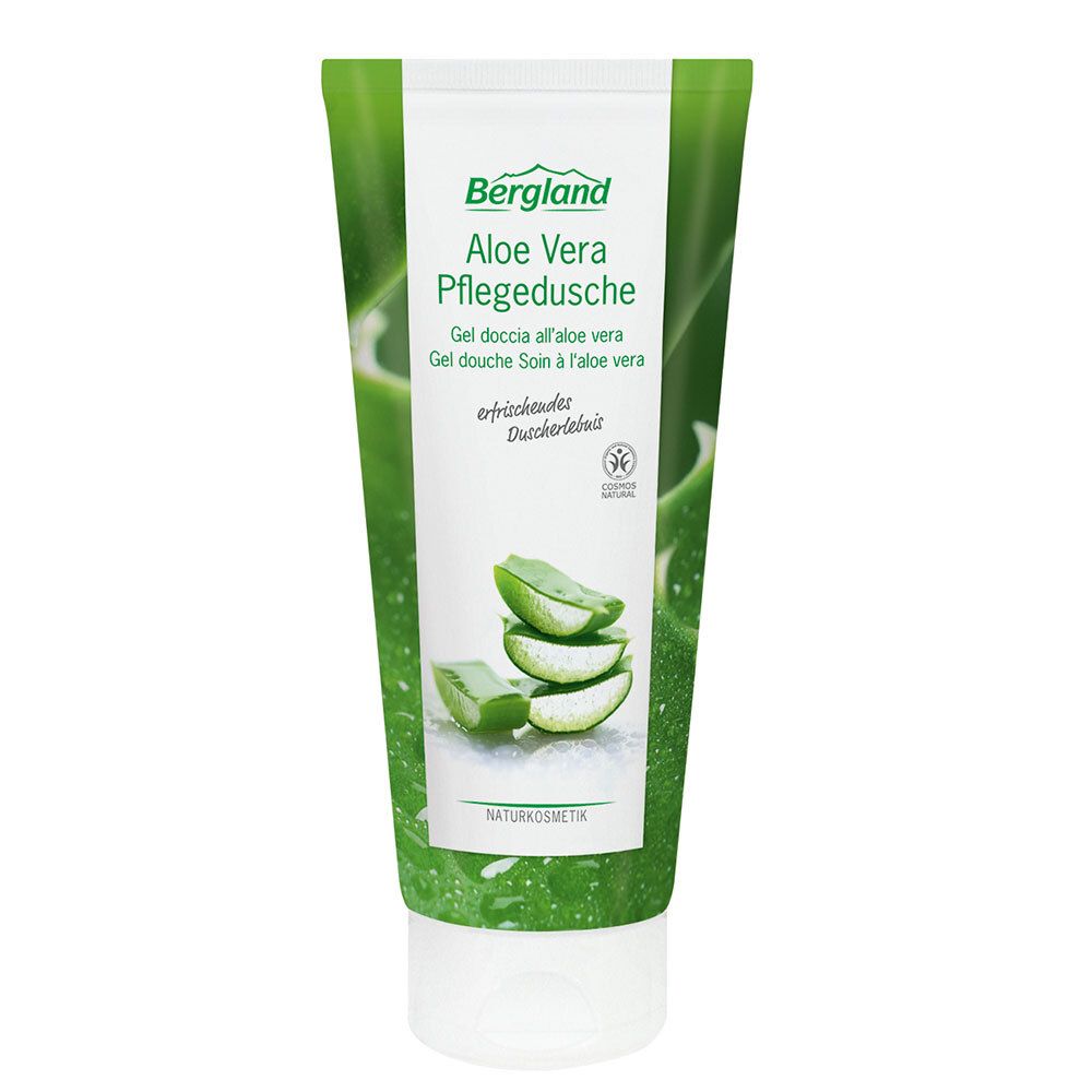 Tube vert avec l'inscription Bergland Aloe Vera Pflegedusche. Tranches d'aloe vera et logo Naturkosmetik.