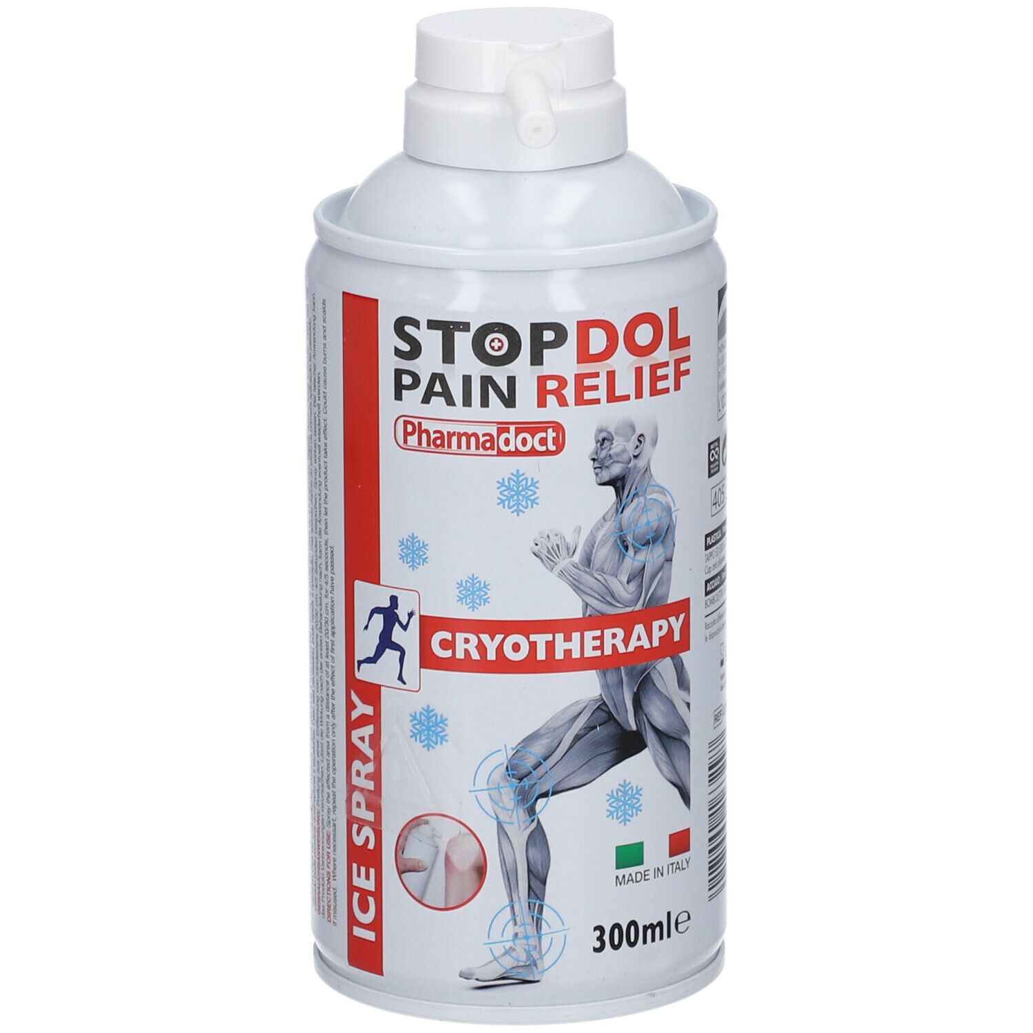 Witte spuitbus met rode en blauwe tekst. Opschrift: STOPDOL PAIN RELIEF, CRYOTHERAPY, ICE SPRAY. 300ml.