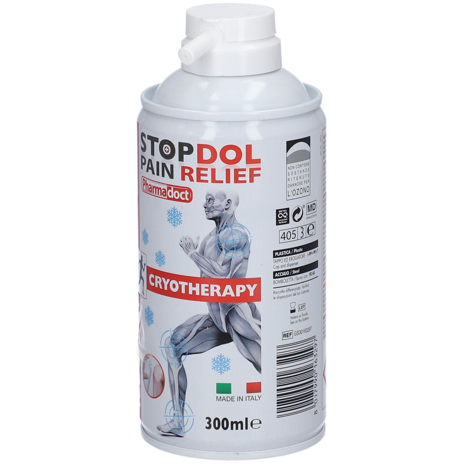 Witte spuitbus met rode en blauwe tekst. Opschrift: STOPDOL PAIN RELIEF, CRYOTHERAPY, ICE SPRAY. 300ml.