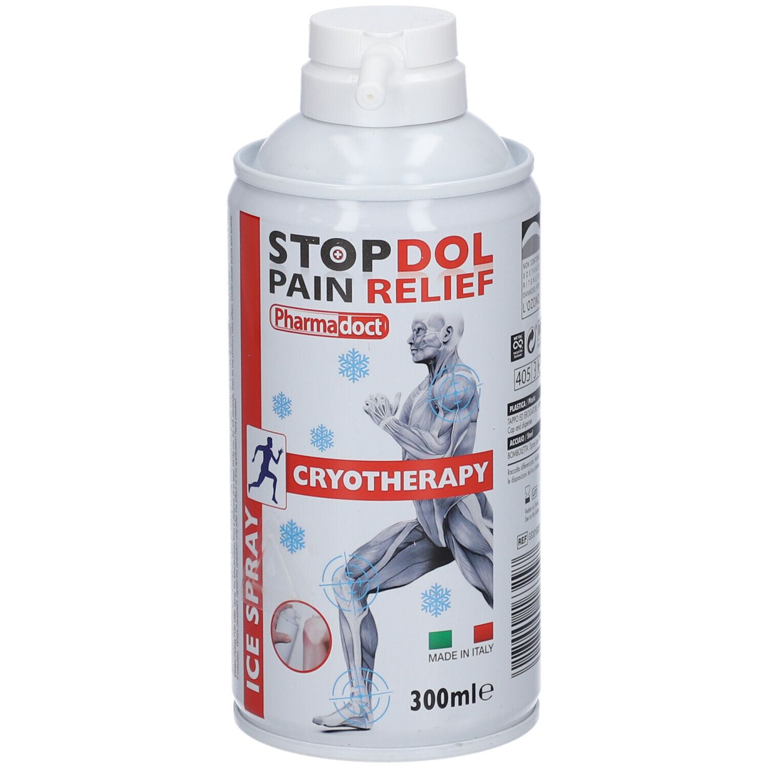 Witte spuitbus met rode en blauwe tekst. Opschrift: STOPDOL PAIN RELIEF, CRYOTHERAPY, ICE SPRAY. 300ml.