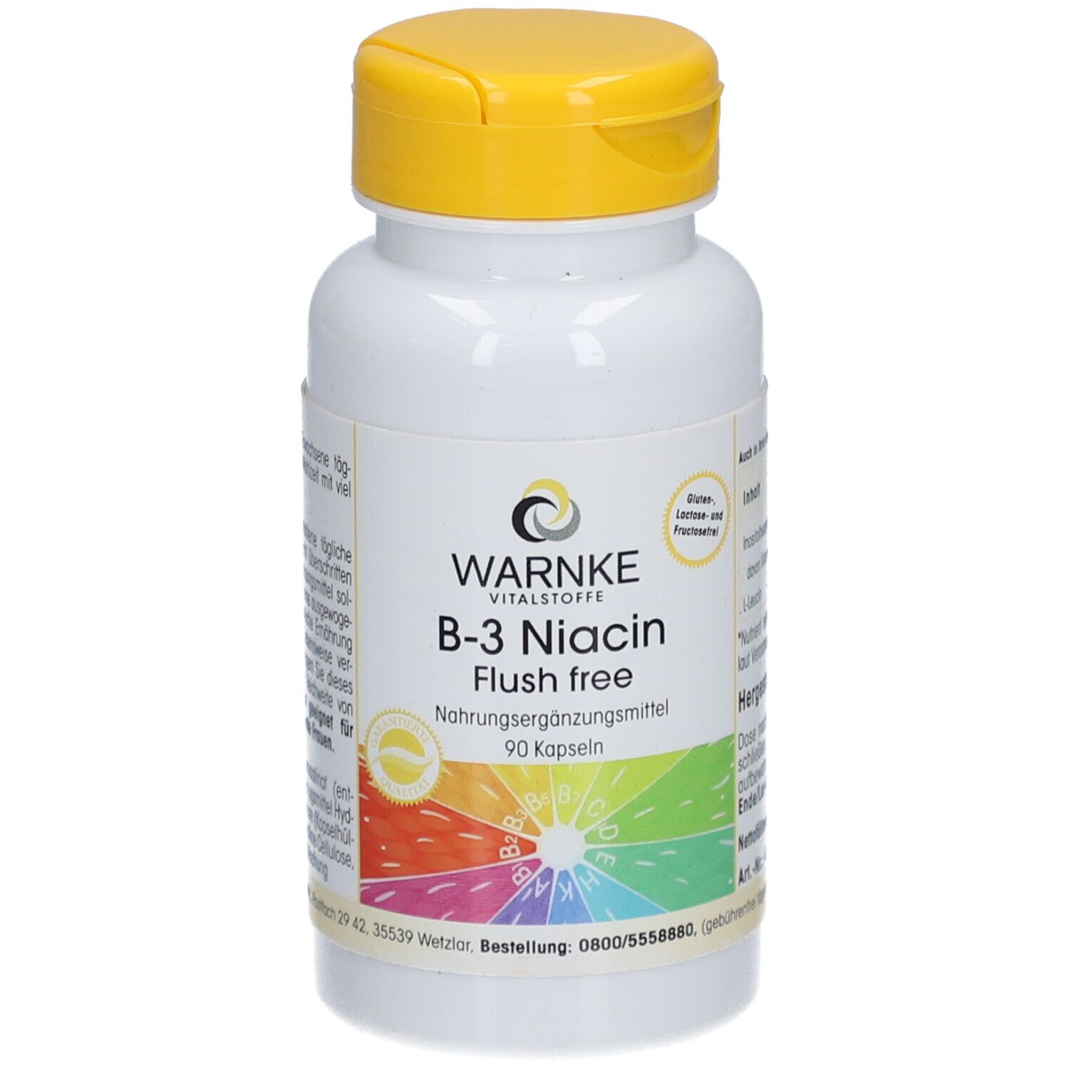 Witte fles met gele dop. Opschrift: WARNKE B-3 Niacin Flush free. 90 capsules. Gekleurde regenboog.