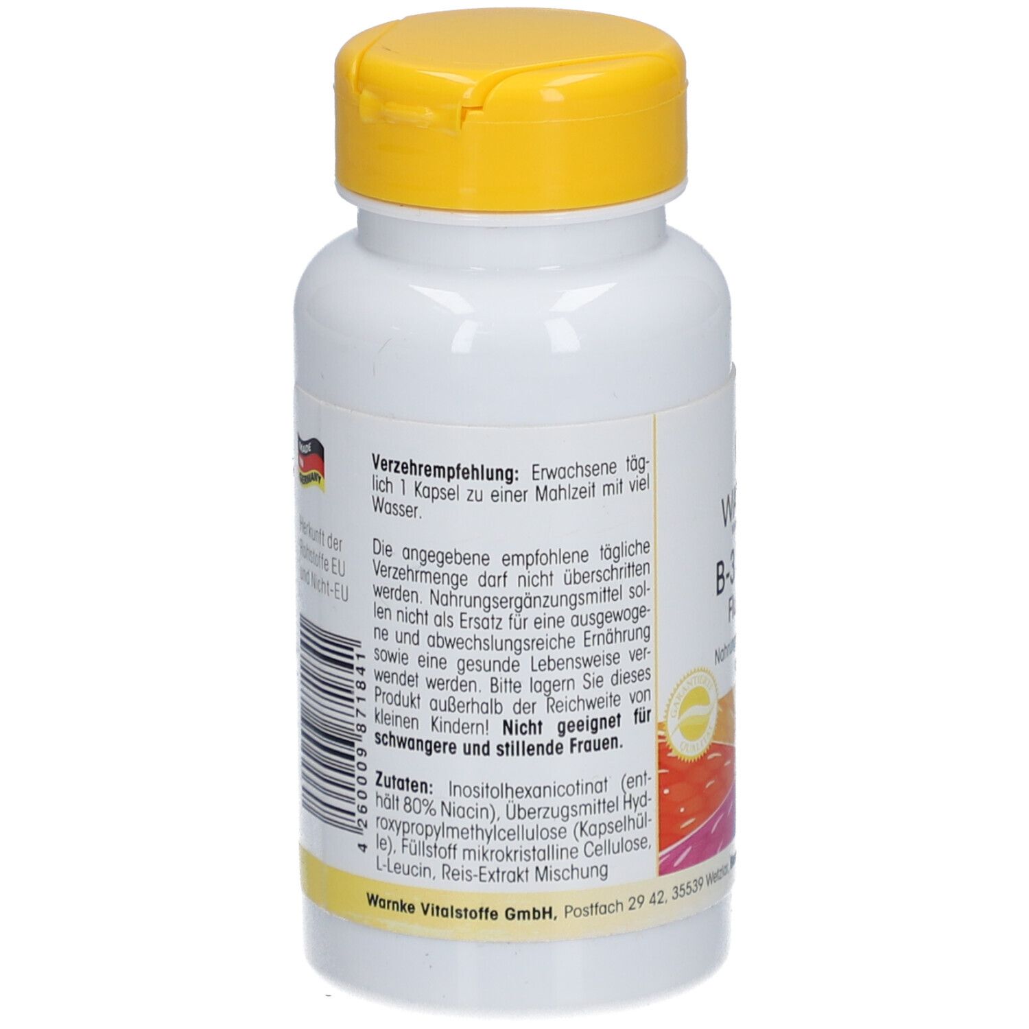 Achterkant van witte fles met gele dop. Tekst: Aanbevelingen. Ingrediënten. Niet geschikt voor zwangere vrouwen.