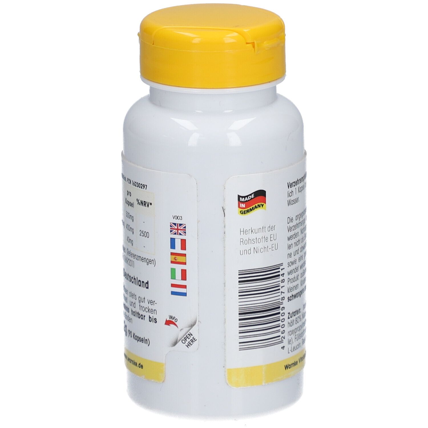 Witte fles met gele dop. Tekst: Herkomst grondstoffen EU en niet-EU. Made in Germany. Barcode.
