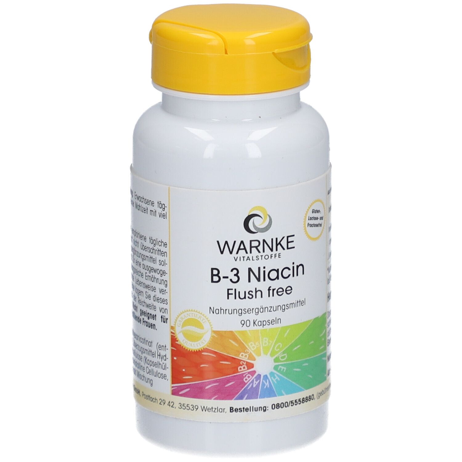 Witte fles met gele dop. Opschrift: WARNKE B-3 Niacin Flush free. 90 capsules. Gekleurde regenboog.
