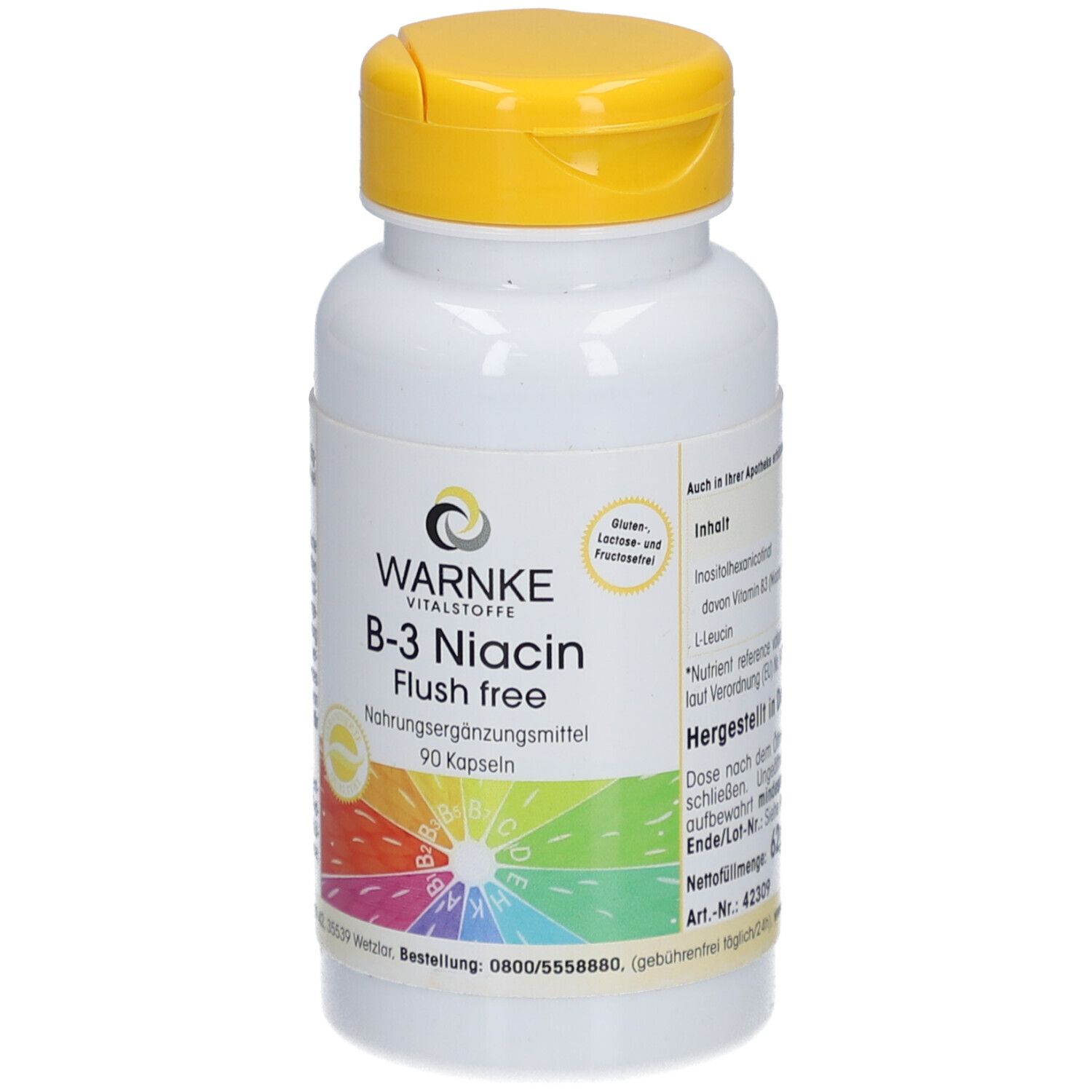 Witte fles met gele dop. Opschrift: WARNKE B-3 Niacin Flush free. 90 capsules. Gekleurde regenboog.