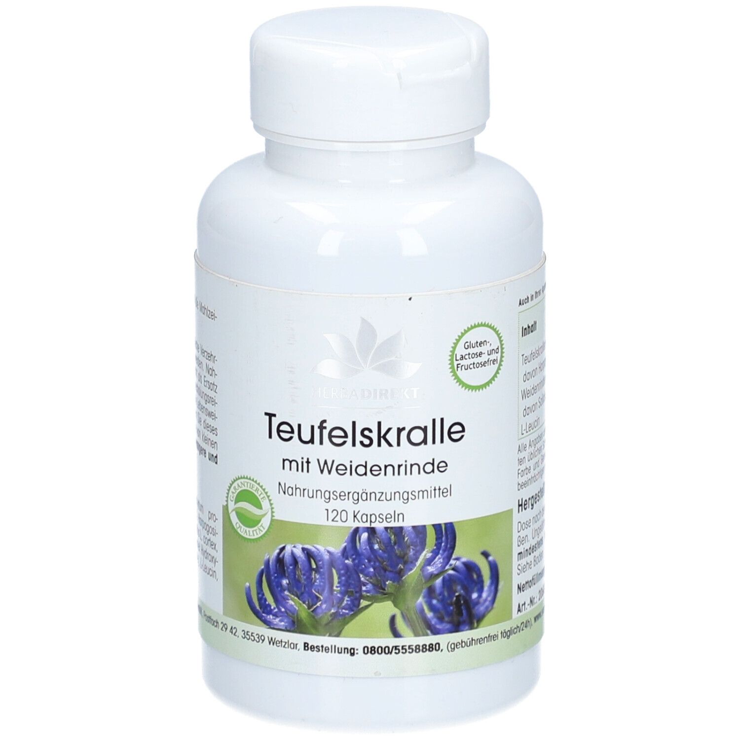 Witte fles met capsules. Opschrift: Teufelskralle mit Weidenrinde. 120 capsules. Gluten-, lactose- en fructosevrij.