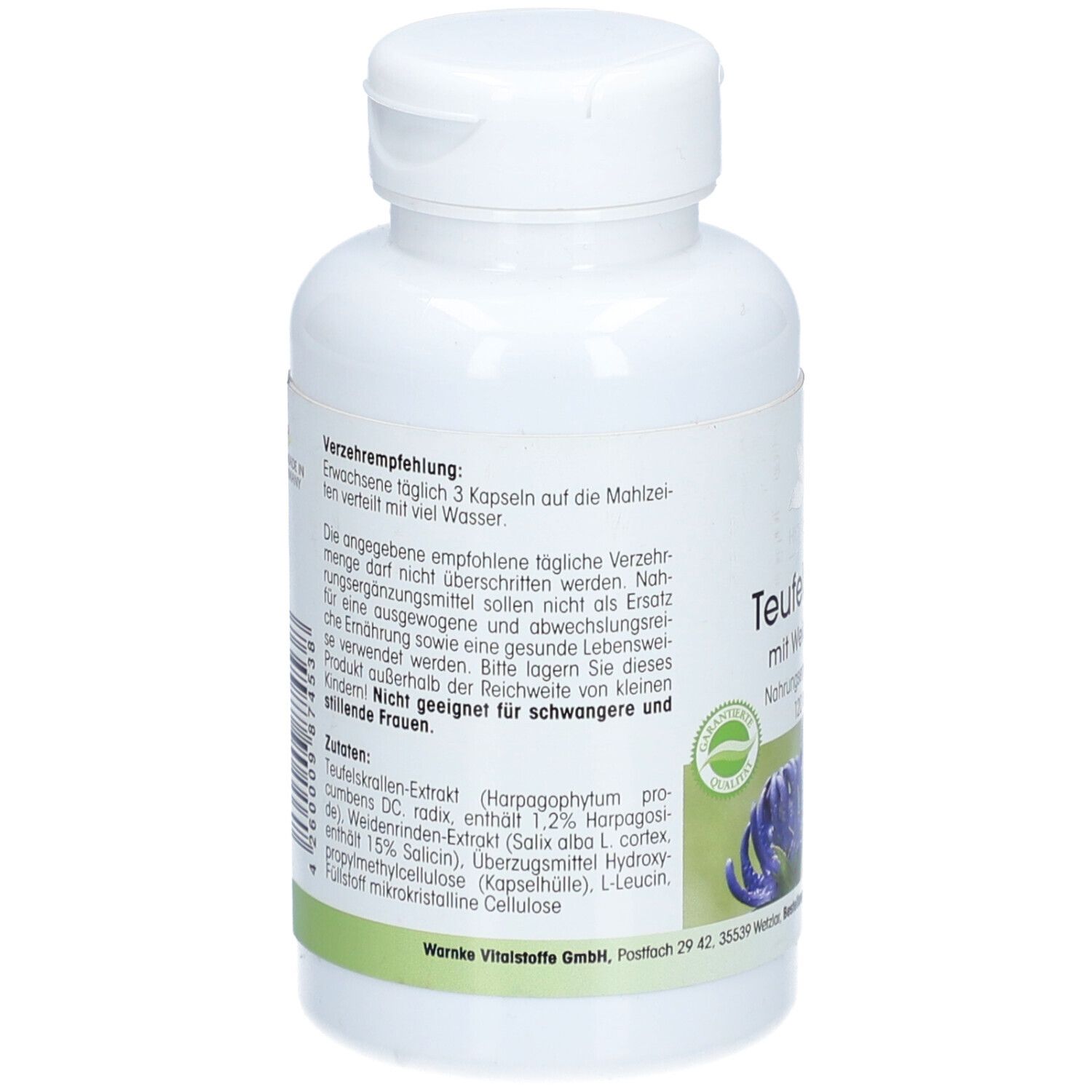 Achterkant van de fles. Tekst: Aanbevolen dosering. Ingrediënten: Duivelsklauw-extract, wilgenroos-extract. Niet voor zwangere vrouwen.