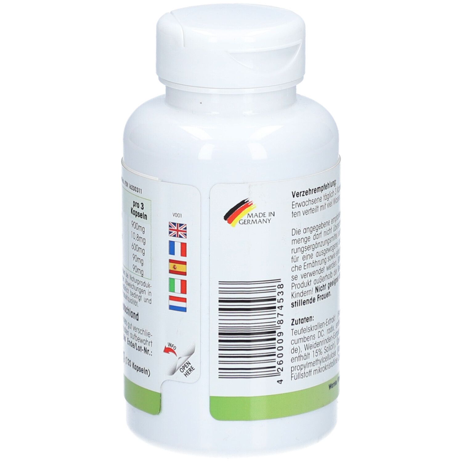 Achterkant van de fles. Tekst: Aanbevolen dosering. Made in Germany. Barcode. Meertalige etikettering.