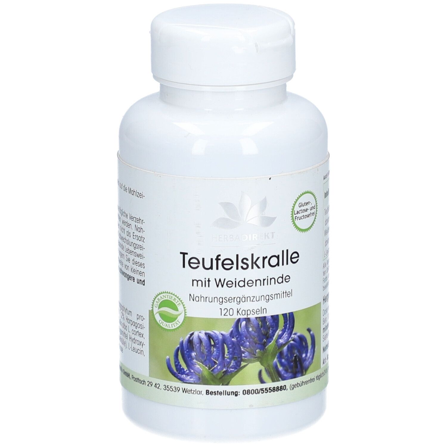 Witte fles met capsules. Opschrift: Teufelskralle mit Weidenrinde. 120 capsules. Gluten-, lactose- en fructosevrij.