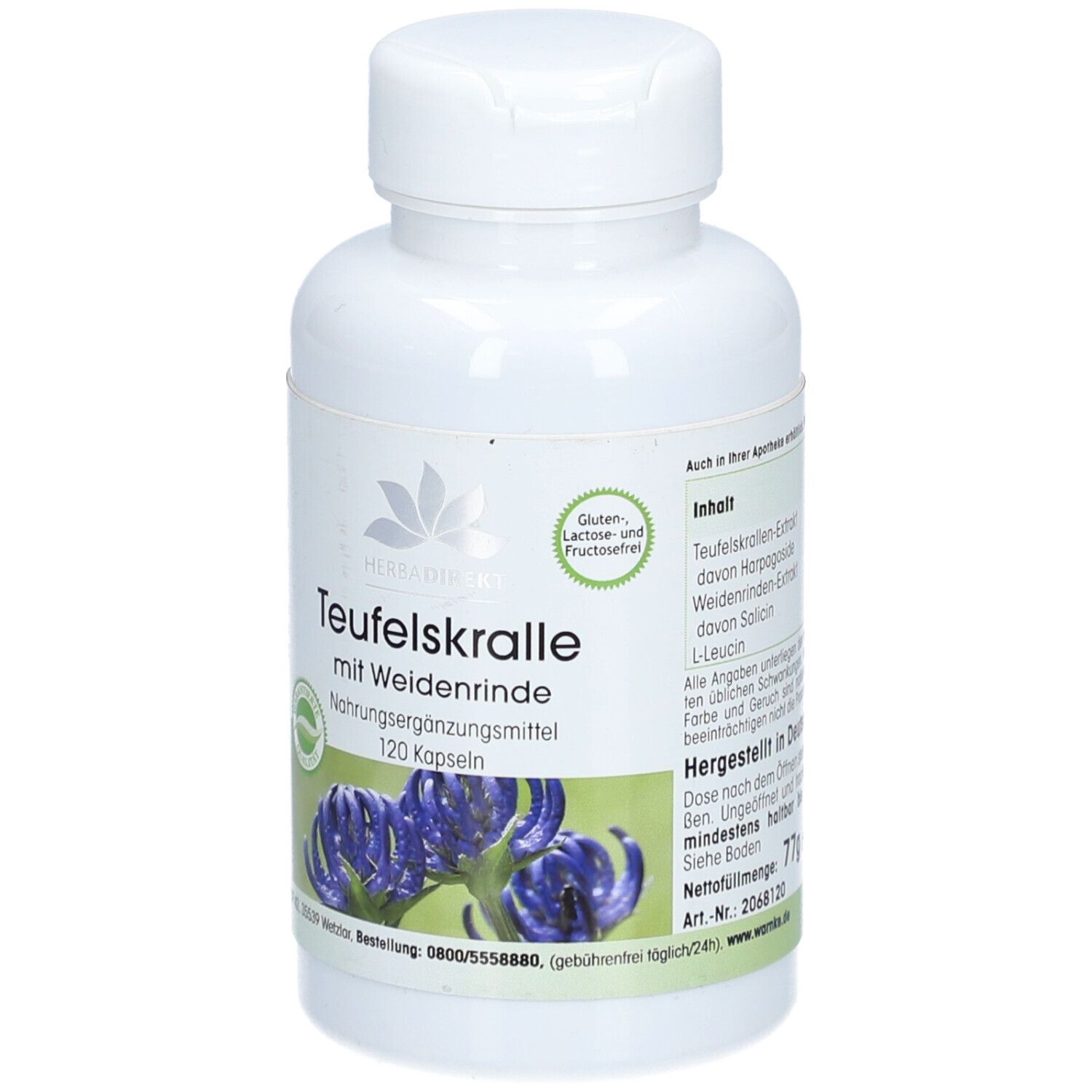 Witte fles met capsules. Opschrift: Teufelskralle mit Weidenrinde. 120 capsules. Gluten-, lactose- en fructosevrij.