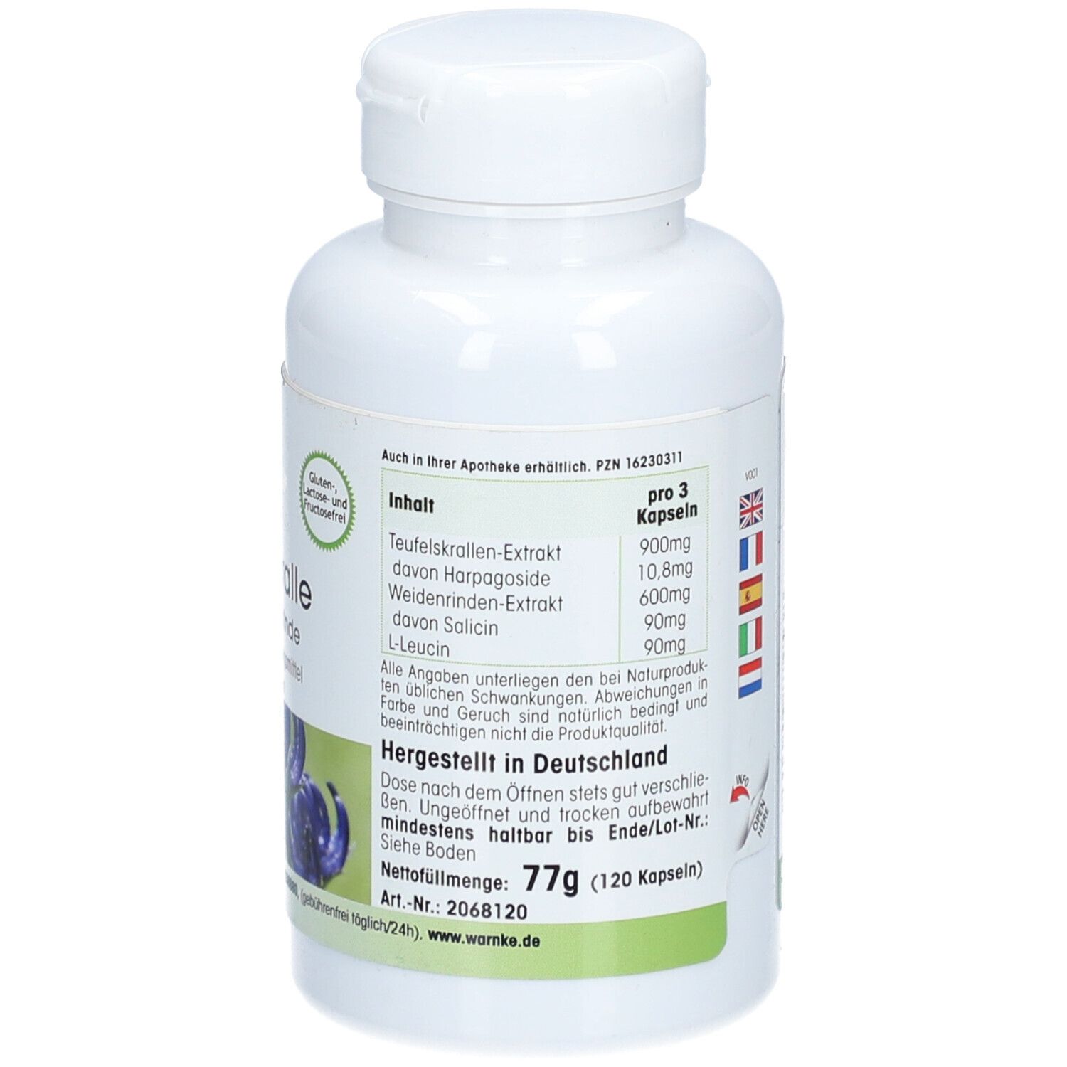 Achterkant van de fles. Tekst: Inhoud, ingrediënten, per 3 capsules. Made in Germany. 77g (120 capsules).