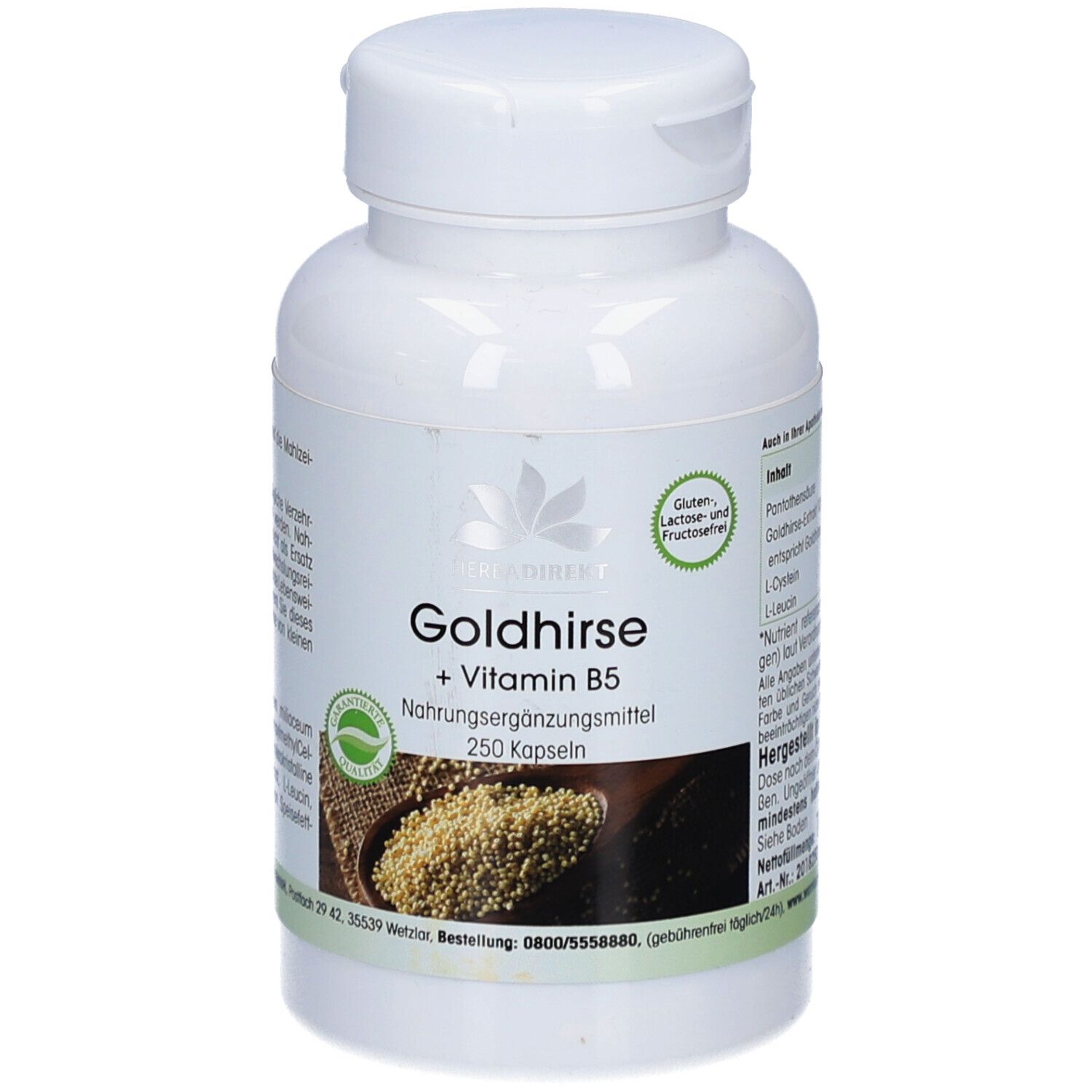 Witte fles met capsules. Opschrift: Goldhirse + Vitamine B5. 250 capsules. Logo: natuurlijk product. Glutenvrij, lactosevrij en fructosevrij.