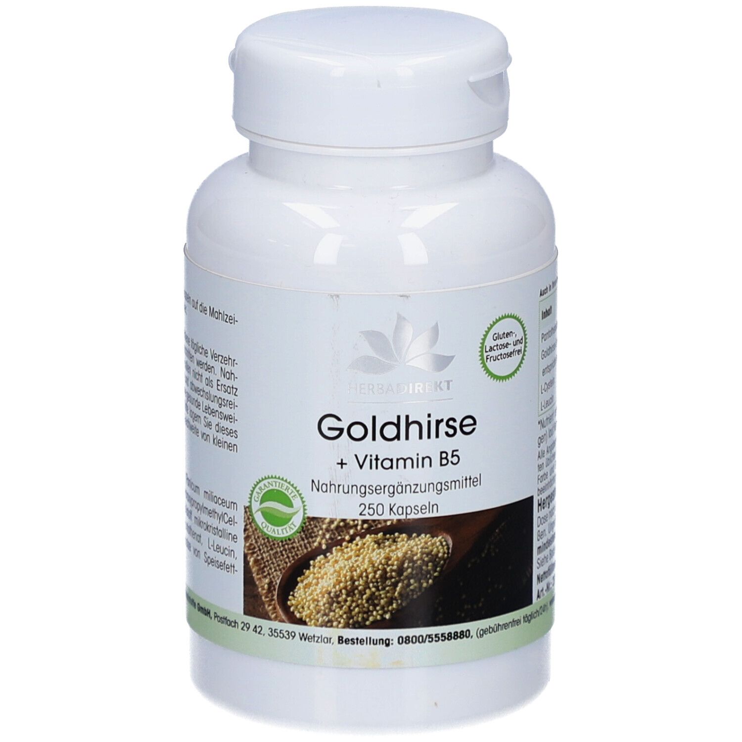 Witte fles met capsules. Opschrift: Goldhirse + Vitamine B5. 250 capsules. Logo: natuurlijk product. Glutenvrij, lactosevrij en fructosevrij. Ingrediënten.