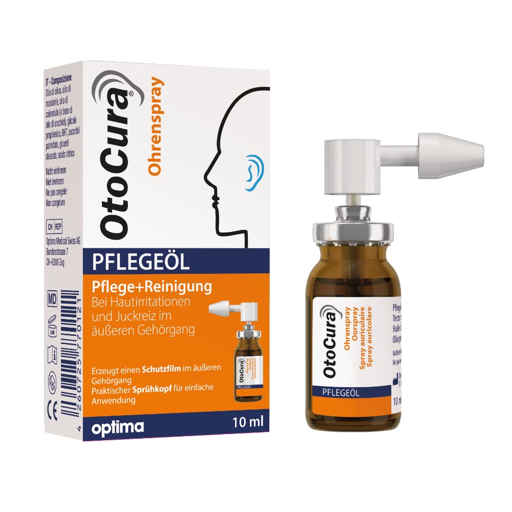 OtoCura Ohrenspray, flacon et emballage. Flacon brun avec pulvérisateur, emballage blanc avec informations produit.