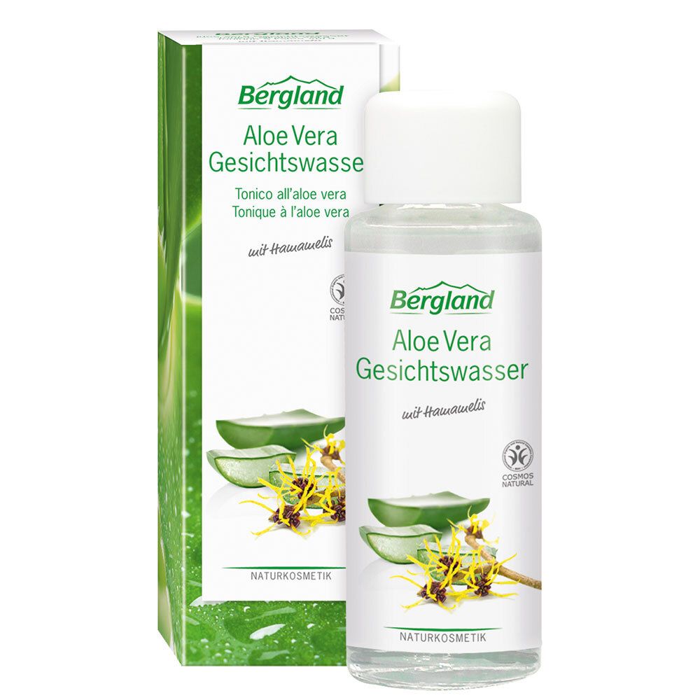 Bergland Aloe Vera Gesichtswasser, flacon et emballage. Inscriptions : Aloe Vera, cosmétiques naturels, Cosmos Natural.