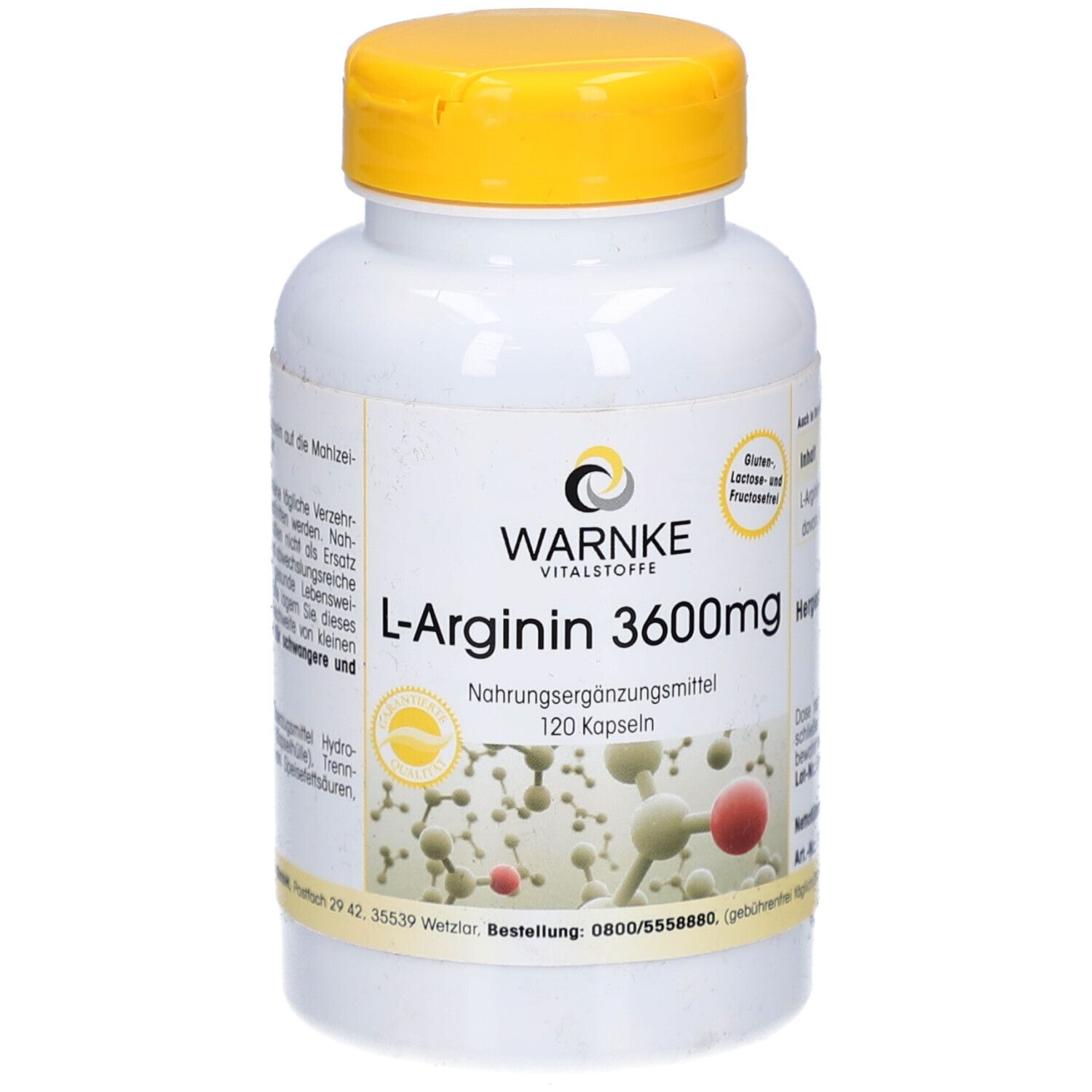 Witte fles met gele dop. Opschrift: WARNKE L-Arginine 3600mg, 120 capsules. Logo en productinformatie.