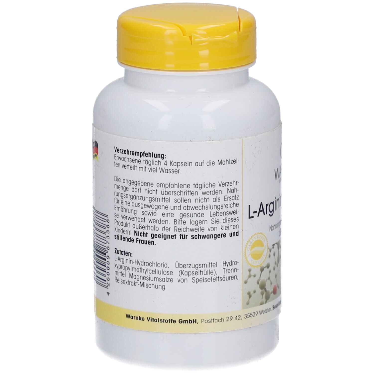 Achterkant van de witte fles met gele dop. Tekst: Aanbevelingen voor gebruik, ingrediënten, Warnke Vitalstoffe GmbH.