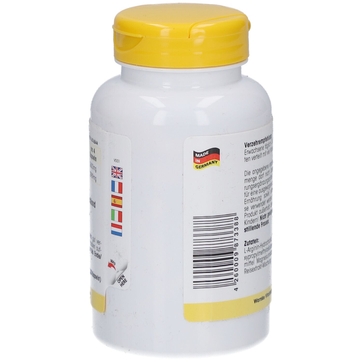 Witte fles met gele dop. Sticker met vlaggen: Duitsland, Groot-Brittannië, Frankrijk, Italië, Spanje, Nederland.