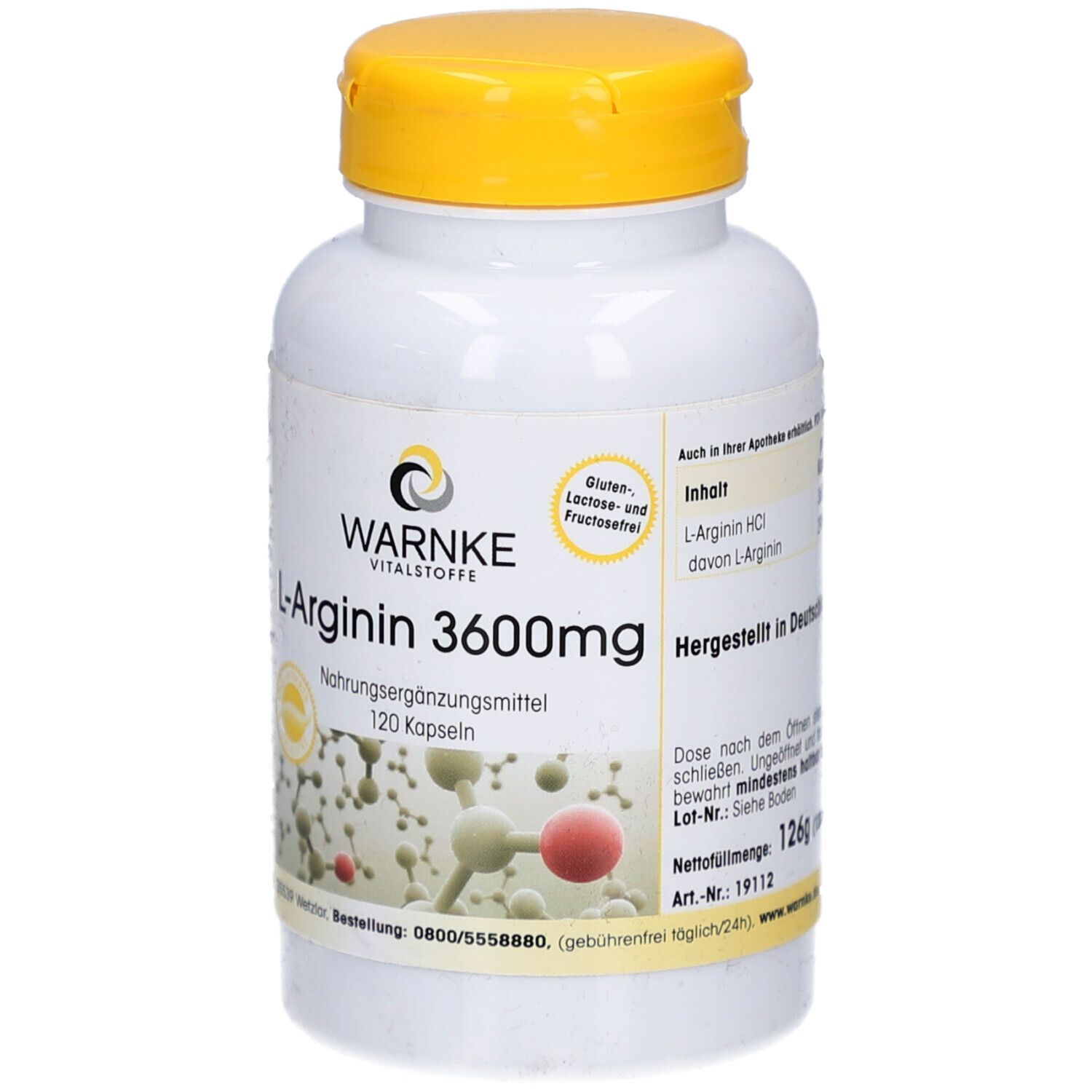 Witte fles met gele dop. Opschrift: WARNKE L-Arginine 3600mg, 120 capsules. Logo en productinformatie.