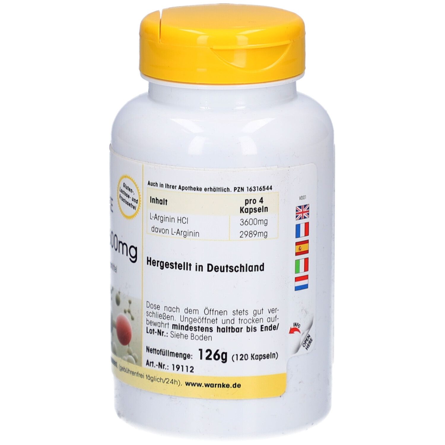 Witte fles met gele dop. Opschrift: WARNKE L-Arginine 3600mg, 120 capsules. Logo en productinformatie.