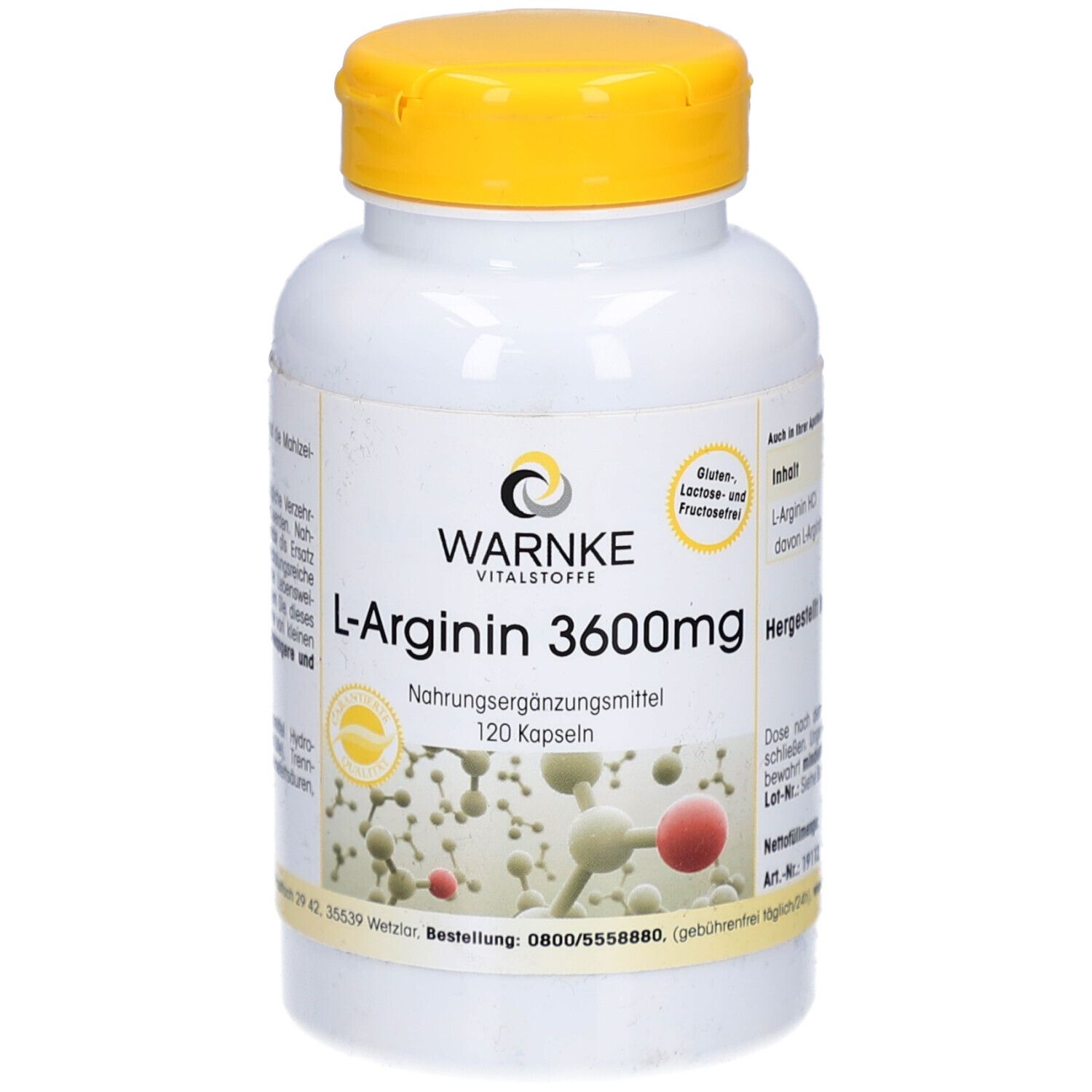 Witte fles met gele dop. Opschrift: WARNKE L-Arginine 3600mg, 120 capsules. Logo en productinformatie.