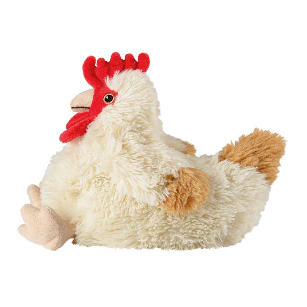 Zacht knuffel in de vorm van een kip. Witte veren, rode kam en lellen, bruine accenten. Liggende positie.