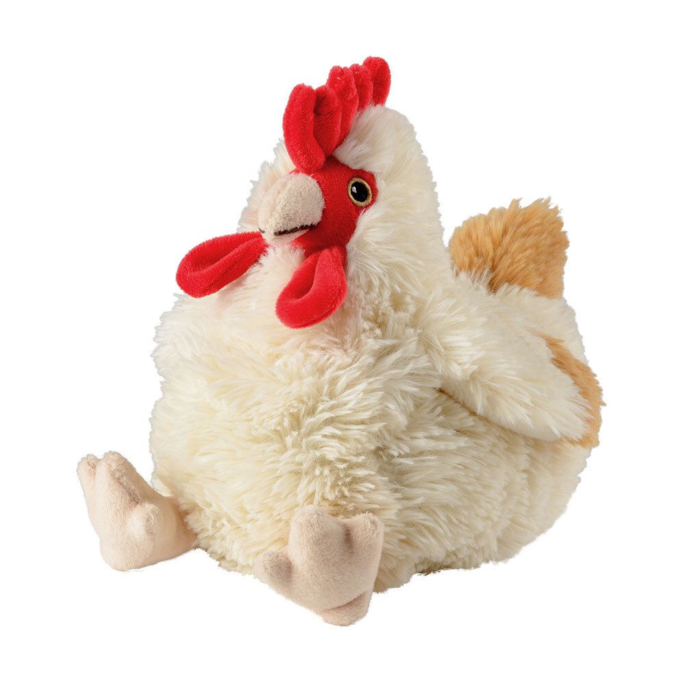 Knuffel kip, witte veren, rode kam en lellen, bruine accenten. Liggende positie, kijkrichting naar voren.