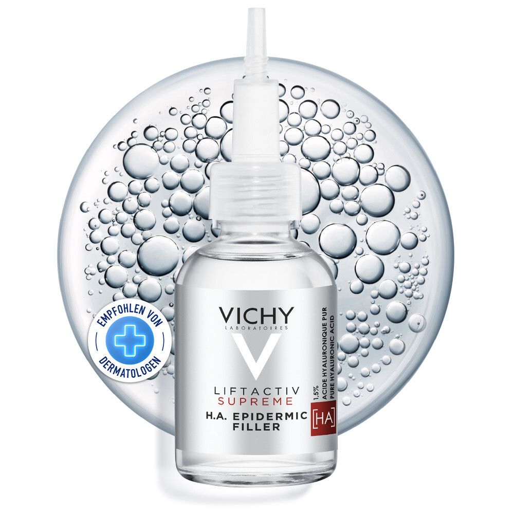 Vichy LIFTACTIV SUPREME serumflesje met applicator. Achtergrond: bubbelontwerp. Logo en tekst: 'AANBEVOLEN DOOR DERMATOLOGEN'.