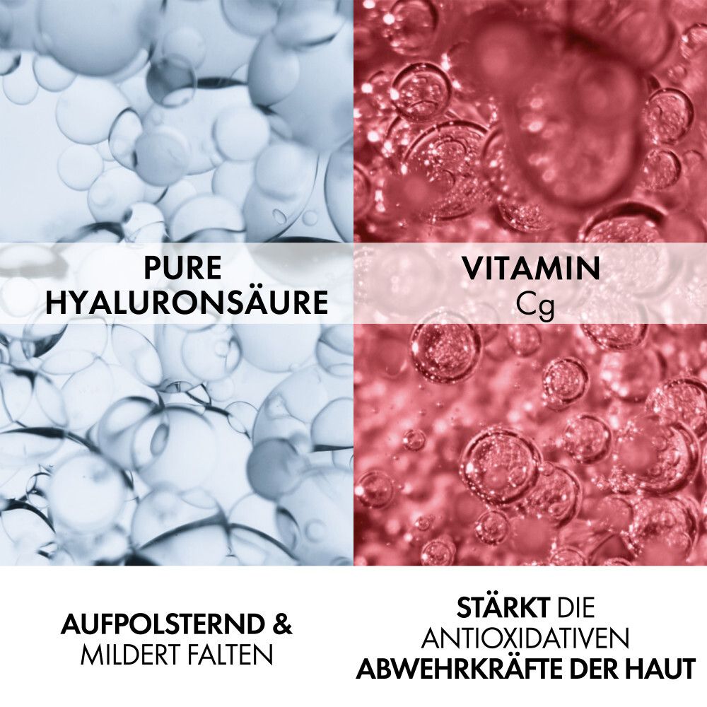 Serumflesje in hand. Tekst: Vichy Laboratoires. Tekst: Zorg voor milieu, huid. Energielabel.