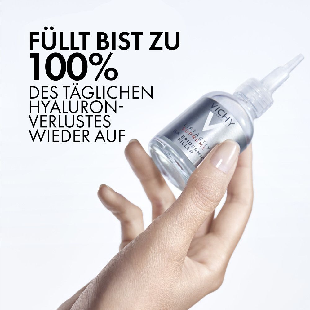 Grafiek met ingrediënten. Tekst: Pure vitamine C, Natuurlijk hyaluronzuur, Vulkanisch water van Vichy, Peptiden.