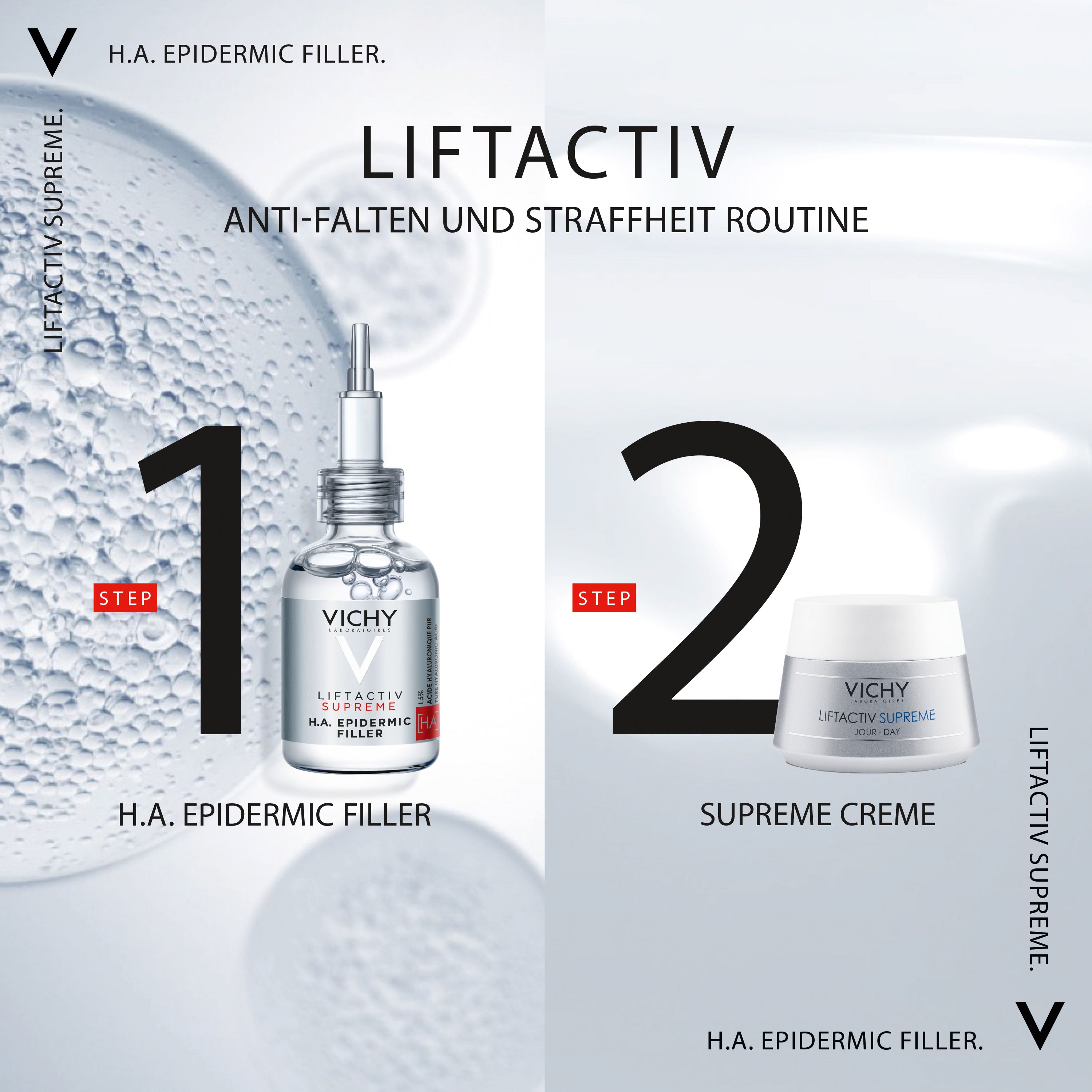 Stappen voor gebruik. Vichy LIFTACTIV SUPREME H.A. Epidermic Filler en crème.
