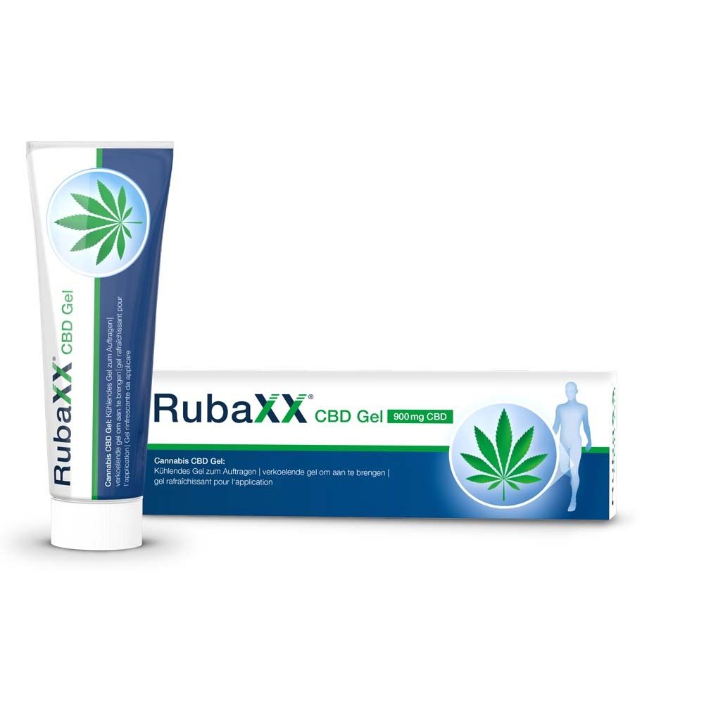 Tube et boîte de RubaXX CBD Gel. Design vert et blanc avec feuille de cannabis. 900mg CBD sur la boîte.