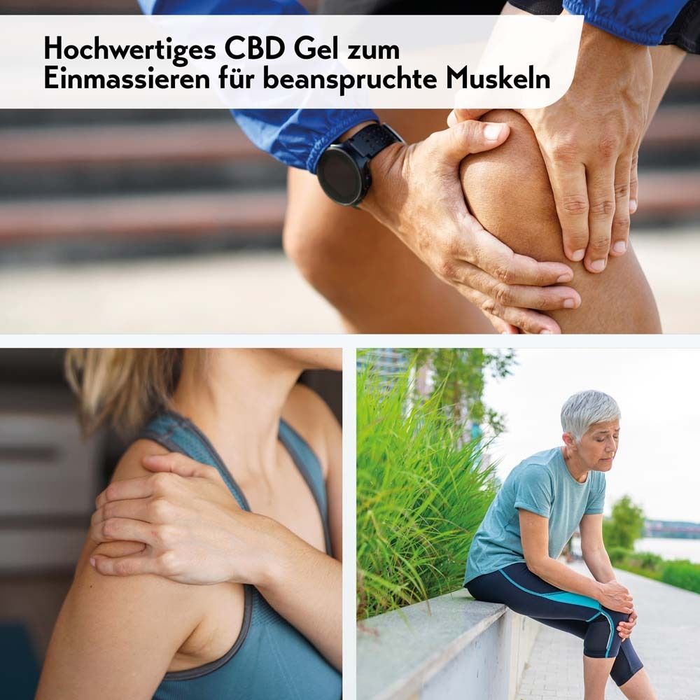 Images de personnes se tenant les genoux et les épaules. Texte: Gel CBD de haute qualité pour masser les muscles sollicités.