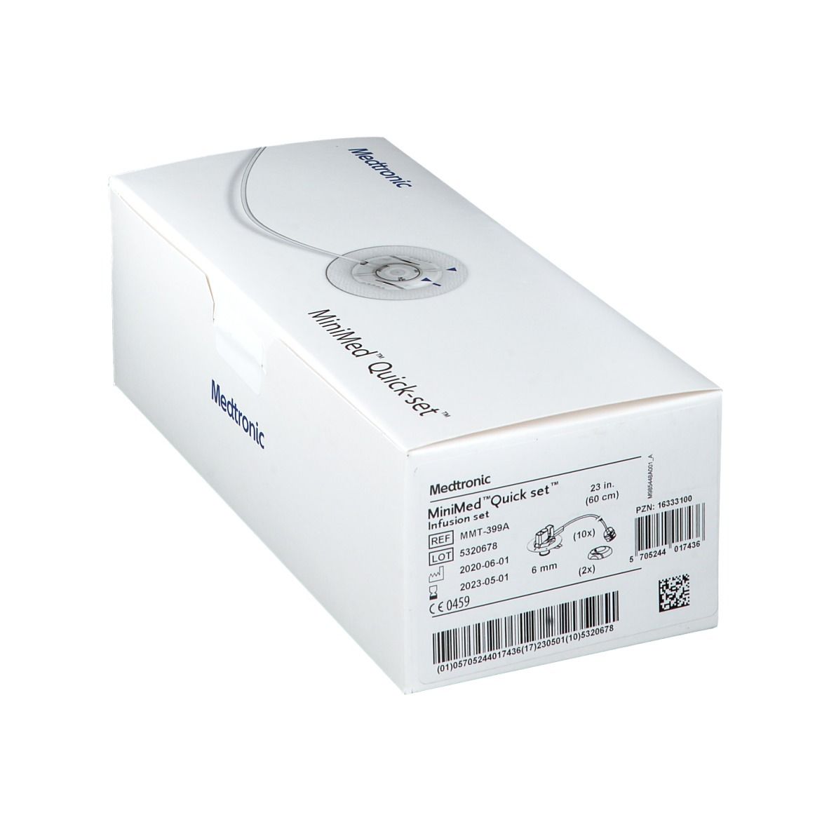 Boîte blanche MiniMed Quick-set. Informations produit, logo Medtronic, QR code et nom.