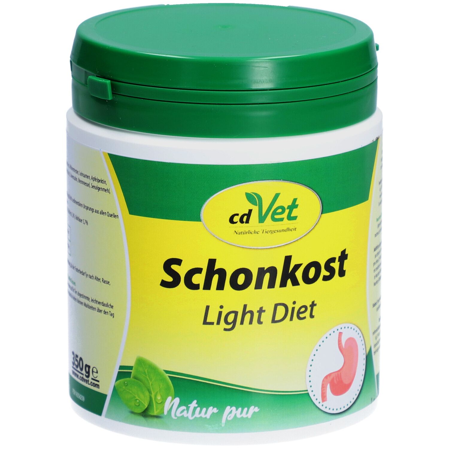 Récipient vert et blanc. Inscription: cdVet Schonkost Light Diet. Logo avec estomac. Natur pur.