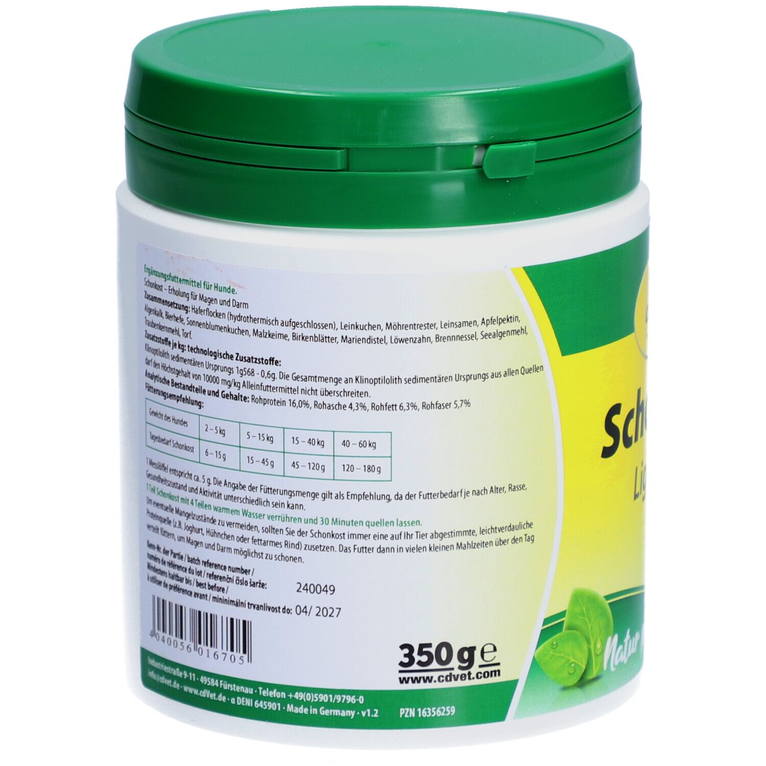 Dos du récipient. Texte avec ingrédients et recommandations. Poids: 350g. Date limite: 04/2027.