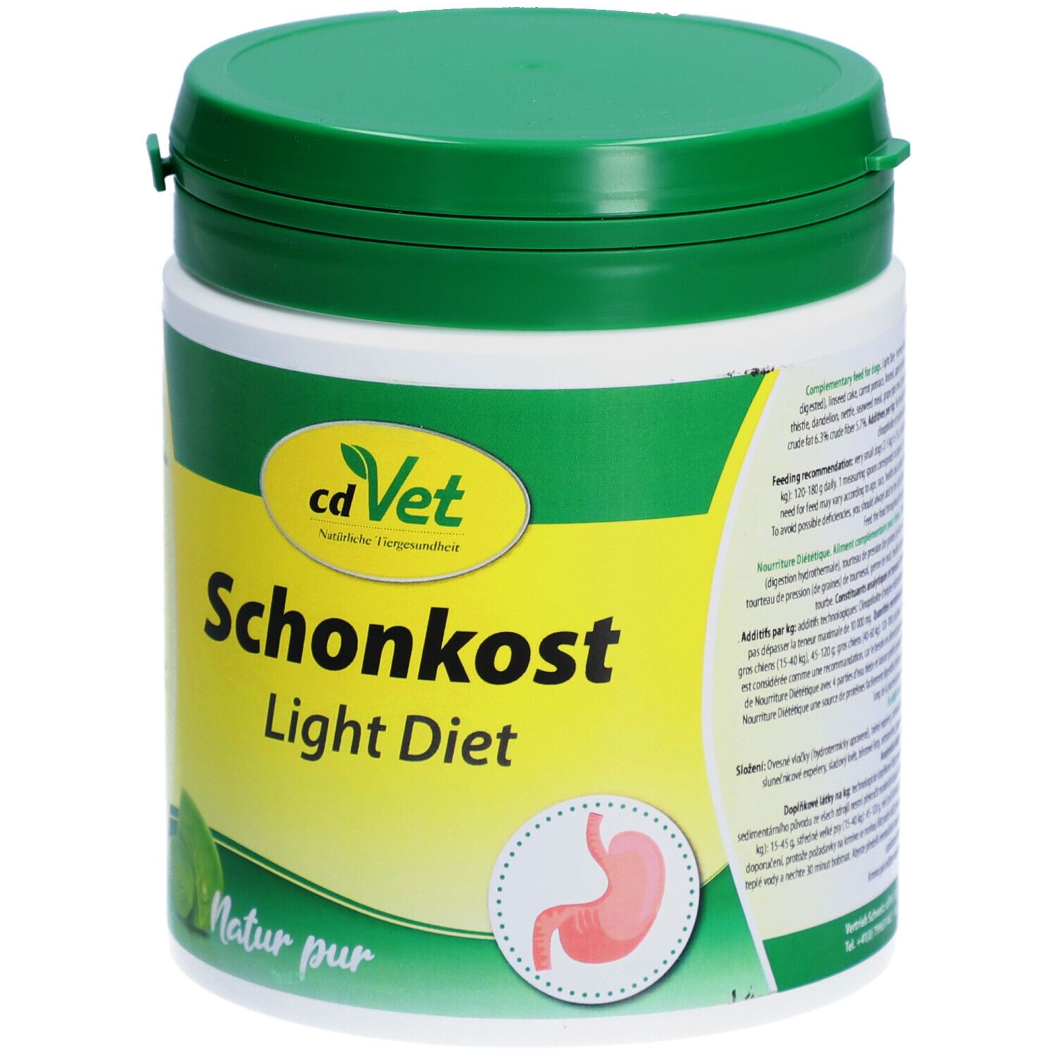 Récipient vert et blanc. Inscription: cdVet Schonkost Light Diet. Logo avec estomac. Natur pur.