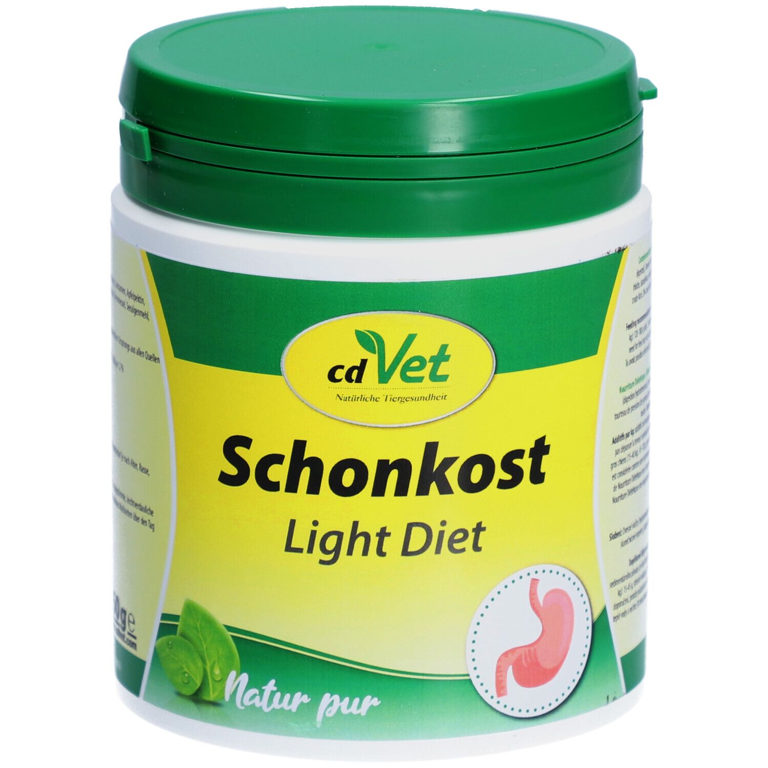 Récipient vert et blanc. Inscription: cdVet Schonkost Light Diet. Logo avec estomac. Natur pur.