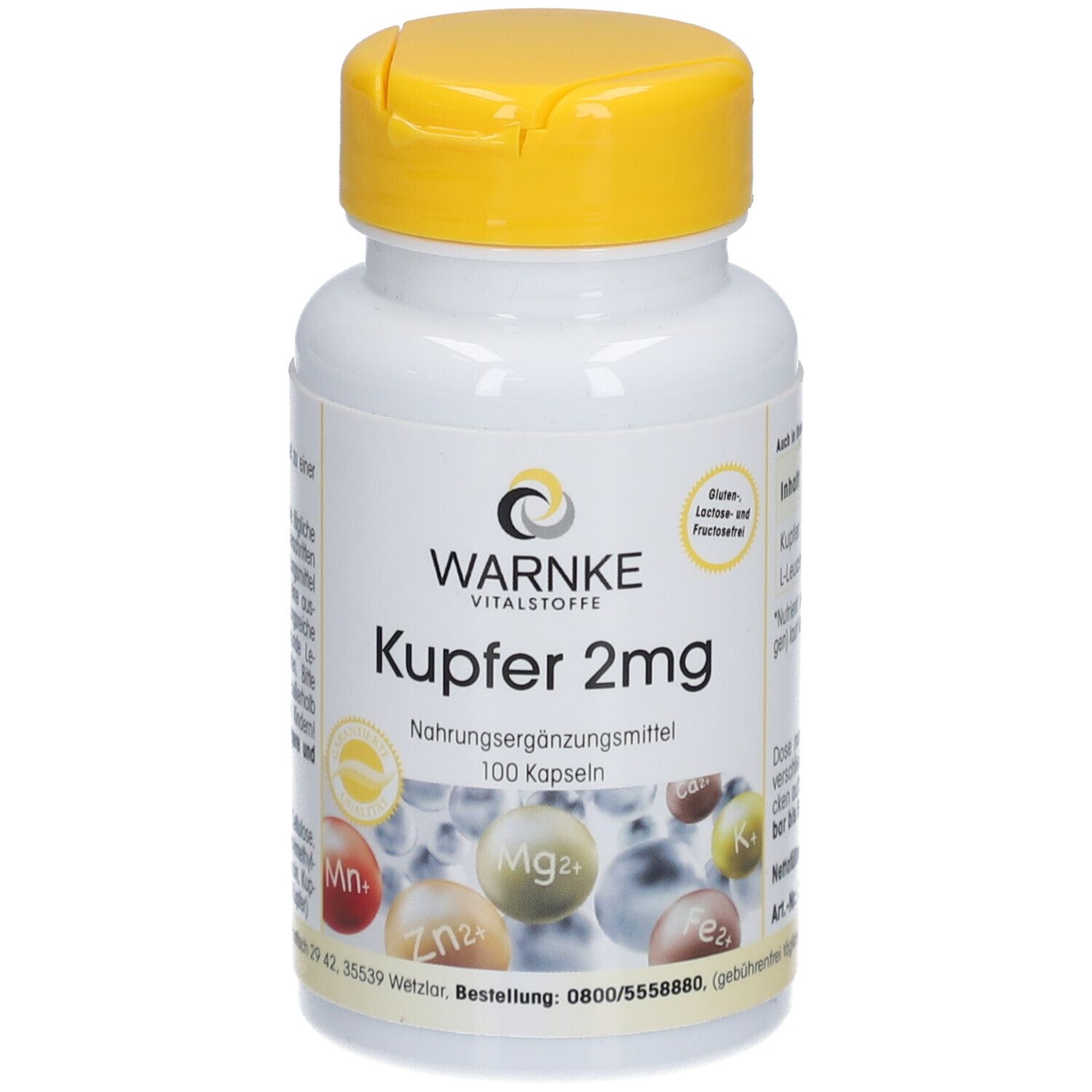 Flacon blanc à bouchon jaune. Inscription: Warnke Vitalstoffe Kupfer 2mg. Complément alimentaire. 100 gélules. Contient des minéraux.