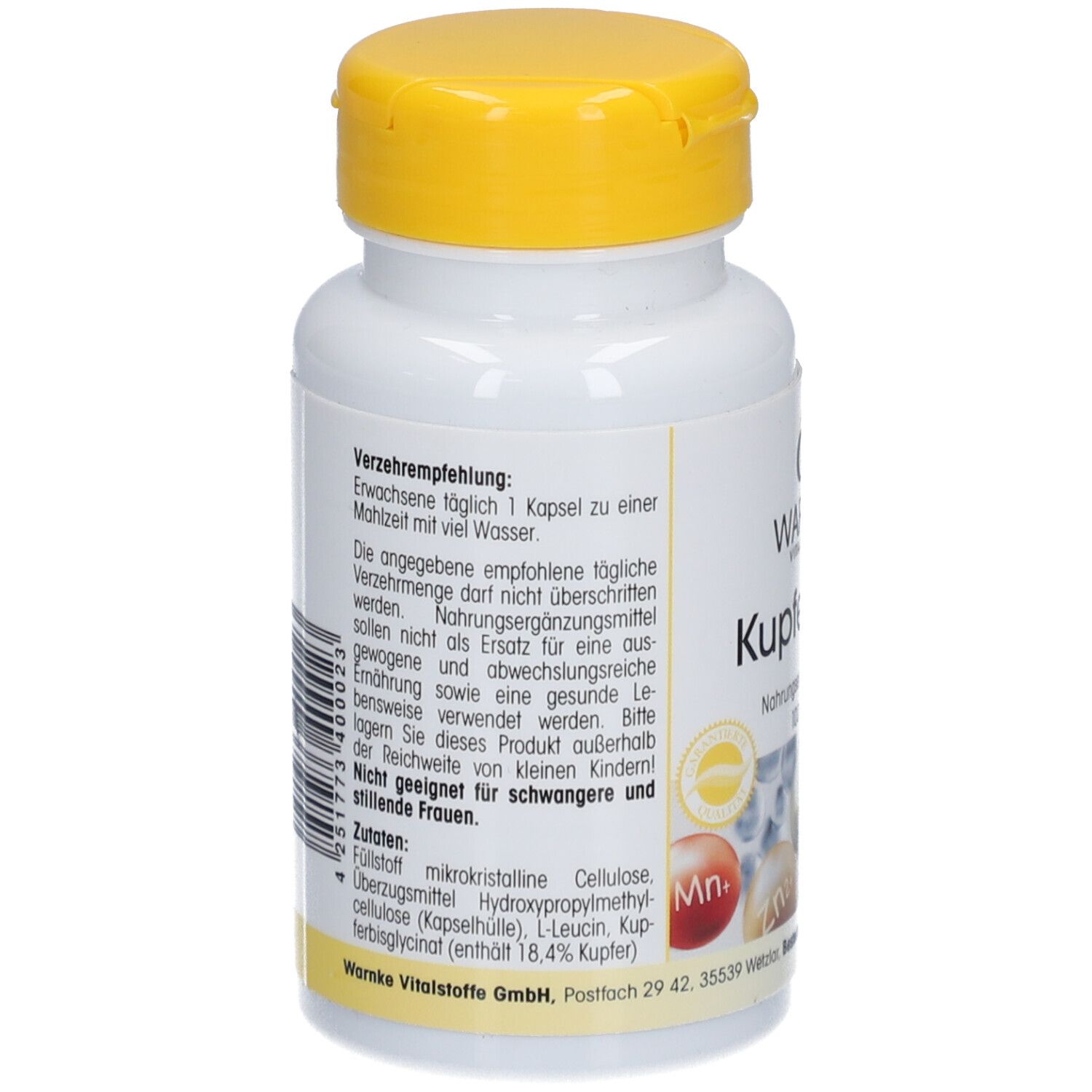 Dos du flacon blanc à bouchon jaune. Texte: Recommandations d'utilisation, ingrédients. Warnke Vitalstoffe GmbH. Code-barres et avertissements.