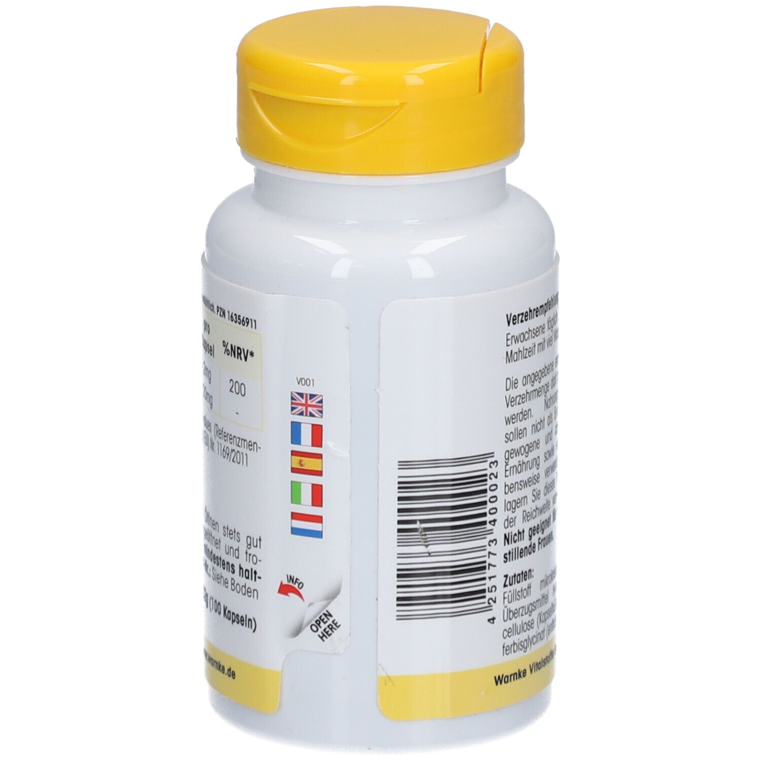 Dos du flacon blanc à bouchon jaune. Texte: %VNR, avertissements. Code-barres et drapeaux de différents pays.