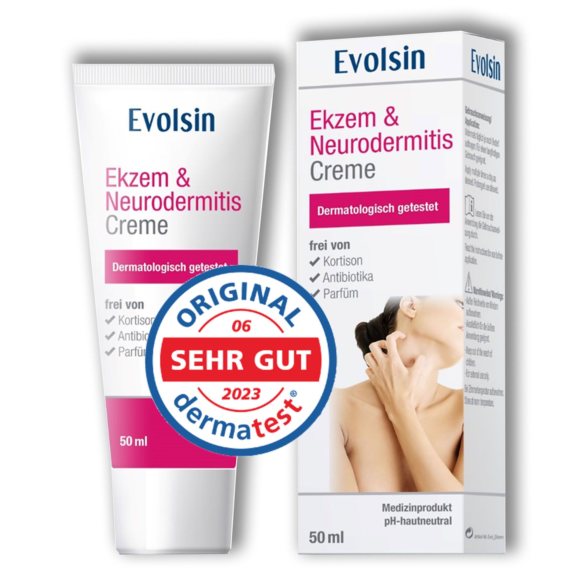 Tube et boîte de crème Evolsin. Inscription : Ekzem & Neurodermitis Creme. Testé dermatologiquement. 50 ml. Sceau DermaTest.