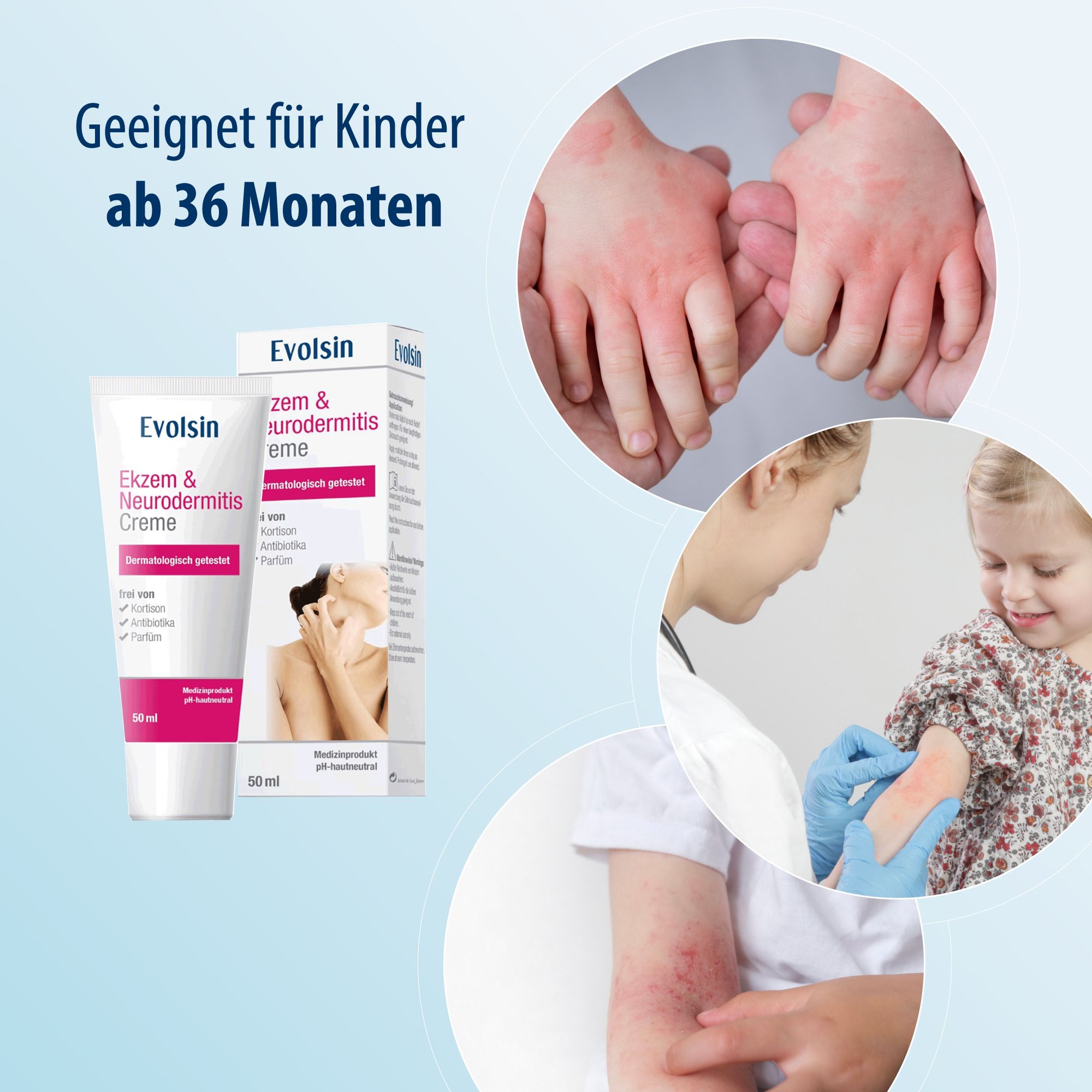 Convient aux enfants à partir de 36 mois. Produit et mains d'enfants avec eczéma. Médecin examine enfant. Bras avec eczéma.
